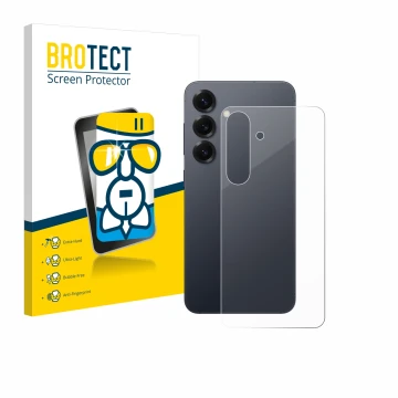 Face avant d’un emballage produit avec le logo de la marque BROTECT. À côté, l’appareil Samsung Galaxy S25 (Arrière) est repré