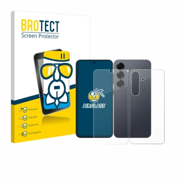 Face avant d’un emballage produit avec le logo de la marque BROTECT. À côté, l’appareil Samsung Galaxy S25 (Avant+Arrière) est