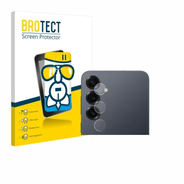 Face avant d’un emballage produit avec le logo de la marque BROTECT. À côté, l’appareil Samsung Galaxy S25 Plus (Caméra UNIQUE