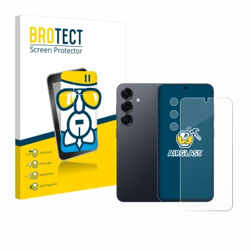 Face avant d’un emballage produit avec le logo de la marque BROTECT. À côté, l’appareil Samsung Galaxy S25 Plus (Avant+Caméra)