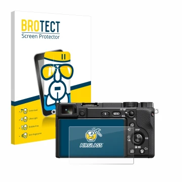 Face avant d’un emballage produit avec le logo de la marque BROTECT. À côté, l’appareil Sony Alpha 6100A est représenté avec l