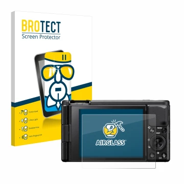 Face avant d’un emballage produit avec le logo de la marque BROTECT. À côté, l’appareil Sony ZV-1A est représenté avec la prot