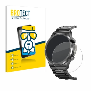 Face avant d’un emballage produit avec le logo de la marque BROTECT. À côté, l’appareil Banlvs Smartwatch 1.39