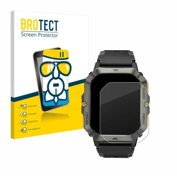 Face avant d’un emballage produit avec le logo de la marque BROTECT. À côté, l’appareil Banlvs Smartwatch 2.02