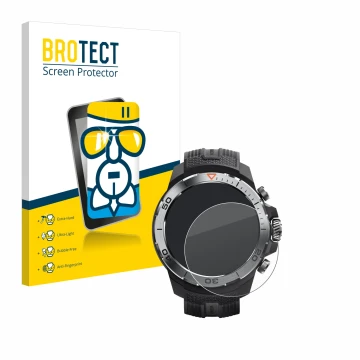 Face avant d’un emballage produit avec le logo de la marque BROTECT. À côté, l’appareil Xiaomi Mibro GS Explorer est représent