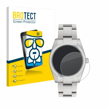 Face avant d’un emballage produit avec le logo de la marque BROTECT. À côté, l’appareil Rolex Oyster Perpetual 34 est représen