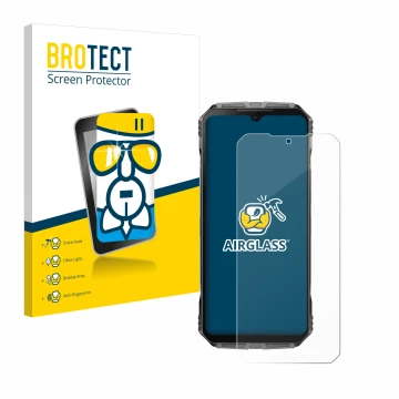 Face avant d’un emballage produit avec le logo de la marque BROTECT. À côté, l’appareil Doogee S Cyber Pro est représenté avec