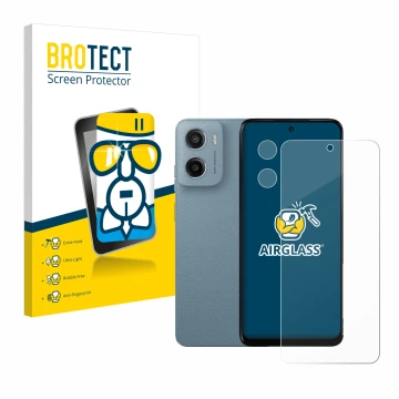 Face avant d’un emballage produit avec le logo de la marque BROTECT. À côté, l’appareil Motorola Moto E15 (Avant+Caméra) est r