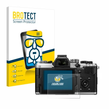 Face avant d’un emballage produit avec le logo de la marque BROTECT. À côté, l’appareil OM System OM-3 est représenté avec la 