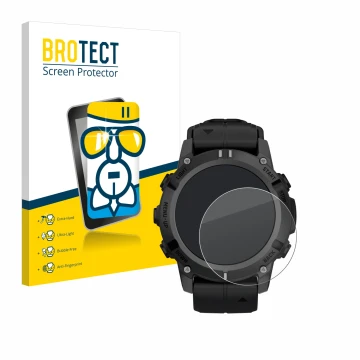 Face avant d’un emballage produit avec le logo de la marque BROTECT. À côté, l’appareil Garmin Descent G2 est représenté avec 