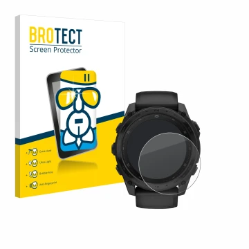 Face avant d’un emballage produit avec le logo de la marque BROTECT. À côté, l’appareil Garmin Tactix 8 AMOLED (51 mm) est rep