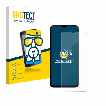 Face avant d’un emballage produit avec le logo de la marque BROTECT. À côté, l’appareil ZTE Blade A35e est représenté avec la 