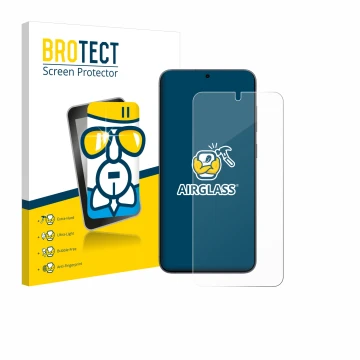 Face avant d’un emballage produit avec le logo de la marque BROTECT. À côté, l’appareil Samsung Galaxy S25 Enterprise Edition 