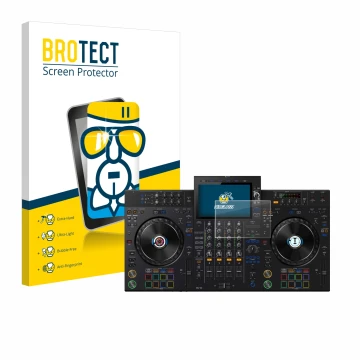 Face avant d’un emballage produit avec le logo de la marque BROTECT. À côté, l’appareil Pioneer XDJ-AZ est représenté avec la 