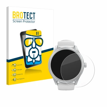 Face avant d’un emballage produit avec le logo de la marque BROTECT. À côté, l’appareil Hama Smartwatch 5010 est représenté av