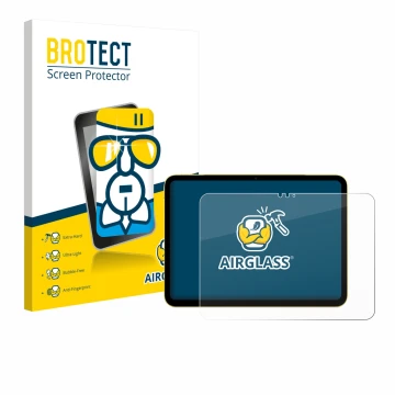 Face avant d’un emballage produit avec le logo de la marque BROTECT. À côté, l’appareil Apple iPad Air 11