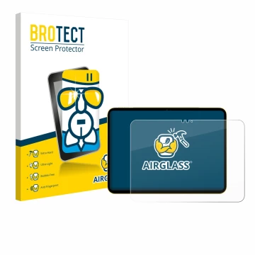 Face avant d’un emballage produit avec le logo de la marque BROTECT. À côté, l’appareil Apple iPad Air 11
