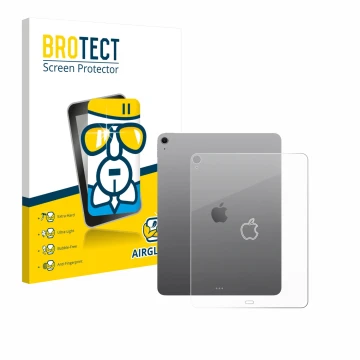 Face avant d’un emballage produit avec le logo de la marque BROTECT. À côté, l’appareil Apple iPad Air 13