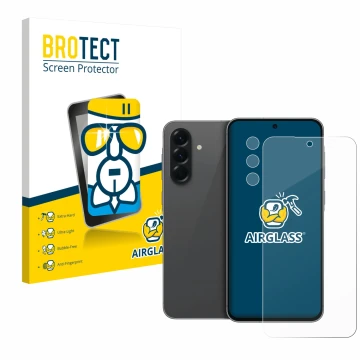 Face avant d’un emballage produit avec le logo de la marque BROTECT. À côté, l’appareil Samsung Galaxy A56 5G (Avant+Caméra) e