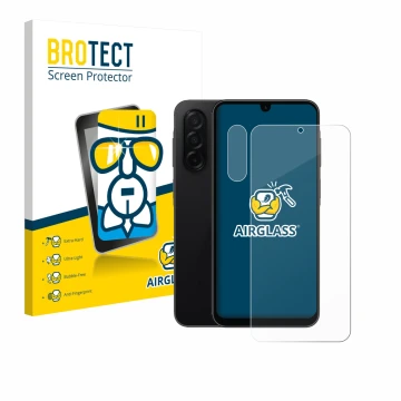 Face avant d’un emballage produit avec le logo de la marque BROTECT. À côté, l’appareil Samsung Galaxy A26 5G (Avant+Caméra) e