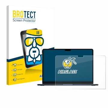 Face avant d’un emballage produit avec le logo de la marque BROTECT. À côté, l’appareil Apple MacBook Air 13