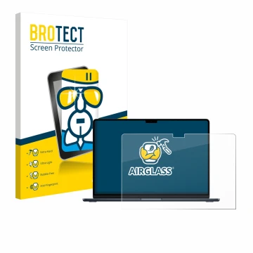 Face avant d’un emballage produit avec le logo de la marque BROTECT. À côté, l’appareil Apple MacBook Air 15