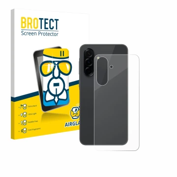 Face avant d’un emballage produit avec le logo de la marque BROTECT. À côté, l’appareil Samsung Galaxy A36 5G (Arrière) est re