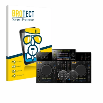 Face avant d’un emballage produit avec le logo de la marque BROTECT. À côté, l’appareil Pioneer XDJ -RR (Jog) est représenté a