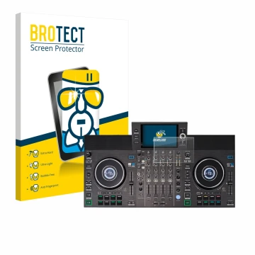 Face avant d’un emballage produit avec le logo de la marque BROTECT. À côté, l’appareil Denon DJ SC LIVE 4 (Jog) est représent