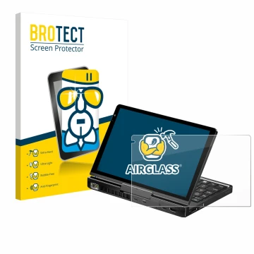 Face avant d’un emballage produit avec le logo de la marque BROTECT. À côté, l’appareil GPD Pocket 4 est représenté avec la pr
