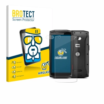 Face avant d’un emballage produit avec le logo de la marque BROTECT. À côté, l’appareil Crosscall Core-M5 (Avant+Caméra) est r