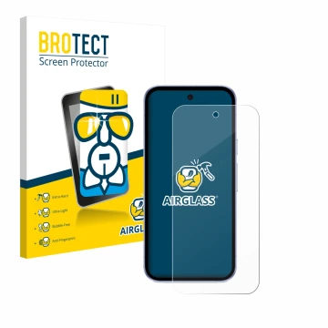 Face avant d’un emballage produit avec le logo de la marque BROTECT. À côté, l’appareil Google Pixel 9a est représenté avec la