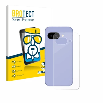 Face avant d’un emballage produit avec le logo de la marque BROTECT. À côté, l’appareil Google Pixel 9a (Arrière) est représen