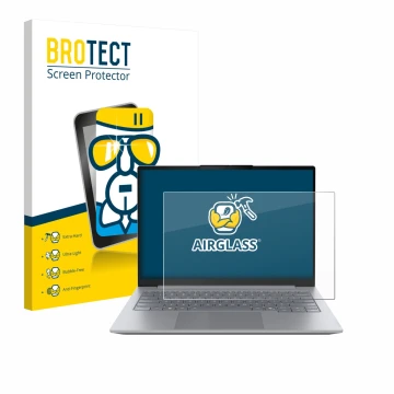 Face avant d’un emballage produit avec le logo de la marque BROTECT. À côté, l’appareil Lenovo ThinkBook 14 Gen 8 est représen