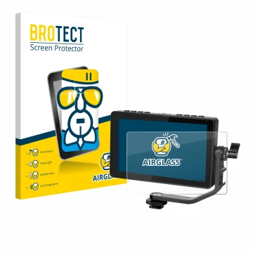 Face avant d’un emballage produit avec le logo de la marque BROTECT. À côté, l’appareil Feelworld F5 PROX 5,5