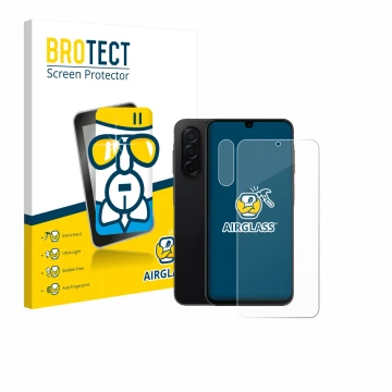 Face avant d’un emballage produit avec le logo de la marque BROTECT. À côté, l’appareil Samsung Galaxy A26 5G Enterprise Editi