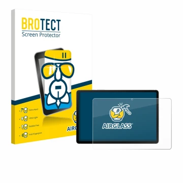 Face avant d’un emballage produit avec le logo de la marque BROTECT. À côté, l’appareil Samsung Galaxy Tab S10 FE WiFi est rep