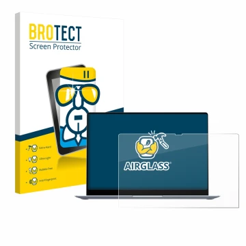 Face avant d’un emballage produit avec le logo de la marque BROTECT. À côté, l’appareil Samsung Galaxy Book4 15.6