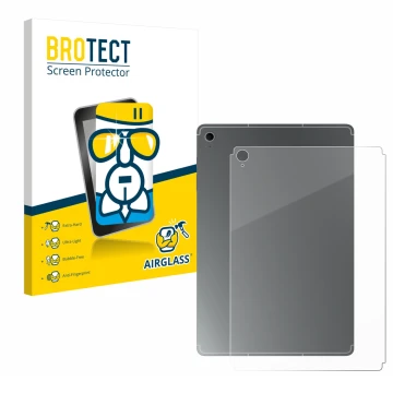 Face avant d’un emballage produit avec le logo de la marque BROTECT. À côté, l’appareil Samsung Galaxy Tab S10 FE+ (Arrière) e