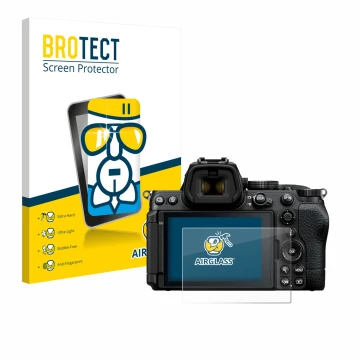 Face avant d’un emballage produit avec le logo de la marque BROTECT. À côté, l’appareil Nikon Z5 II est représenté avec la pro