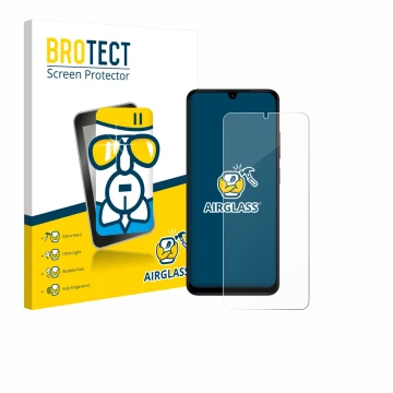 Face avant d’un emballage produit avec le logo de la marque BROTECT. À côté, l’appareil Xiaomi Redmi A5 est représenté avec la