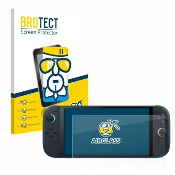 Face avant d’un emballage produit avec le logo de la marque BROTECT. À côté, l’appareil Nintendo Switch 2 est représenté avec 