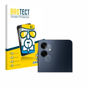 Face avant d’un emballage produit avec le logo de la marque BROTECT. À côté, l’appareil Samsung Galaxy A06 5G (Caméra UNIQUEME