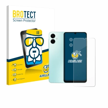 Face avant d’un emballage produit avec le logo de la marque BROTECT. À côté, l’appareil Samsung Galaxy A06 5G (Avant+Caméra) e