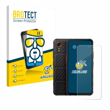 Face avant d’un emballage produit avec le logo de la marque BROTECT. À côté, l’appareil Samsung Galaxy XCover 7 Enterprise Edi