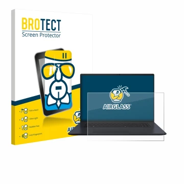 Face avant d’un emballage produit avec le logo de la marque BROTECT. À côté, l’appareil ASUS Vivobook 18 M1807 est représenté 