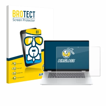 Face avant d’un emballage produit avec le logo de la marque BROTECT. À côté, l’appareil HP OmniBook X Flip 16-aX est représent