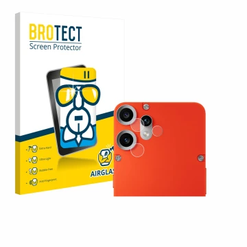 Face avant d’un emballage produit avec le logo de la marque BROTECT. À côté, l’appareil Nothing CMF Phone 2 Pro (Caméra UNIQUE