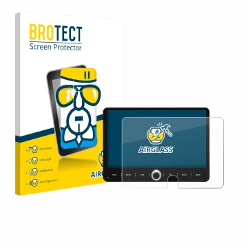 Face avant d’un emballage produit avec le logo de la marque BROTECT. À côté, l’appareil Dynavin D9-JP Plus 10.1