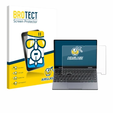 Face avant d’un emballage produit avec le logo de la marque BROTECT. À côté, l’appareil Chuwi MiniBook X N150 est représenté a